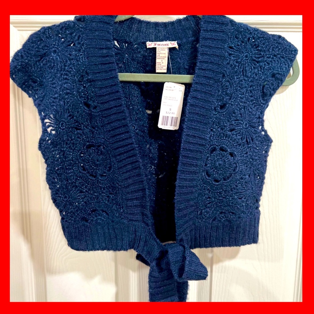 BRAND NEW! Forever 21 size small navy blue cardigan with tie front.